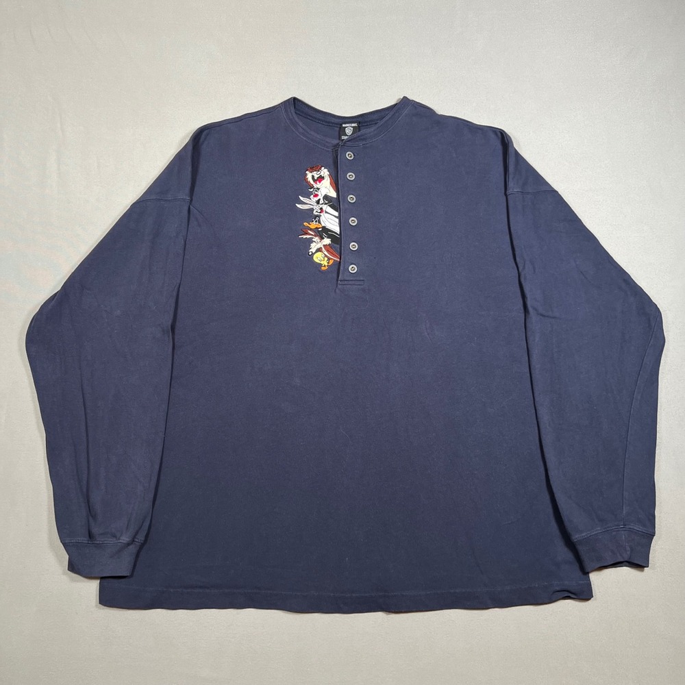 Vintage 90s Warner Bros Looney Tunes Henley Shirt Mens XXL Navy Blue Long Sleeve